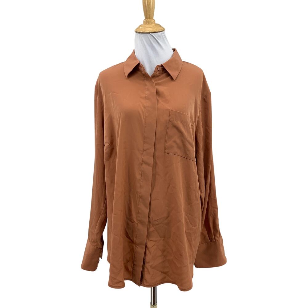 Nine West Shirt Women 0X Plus Spice Long Sleeve Hidden Button Down Chest Pocket